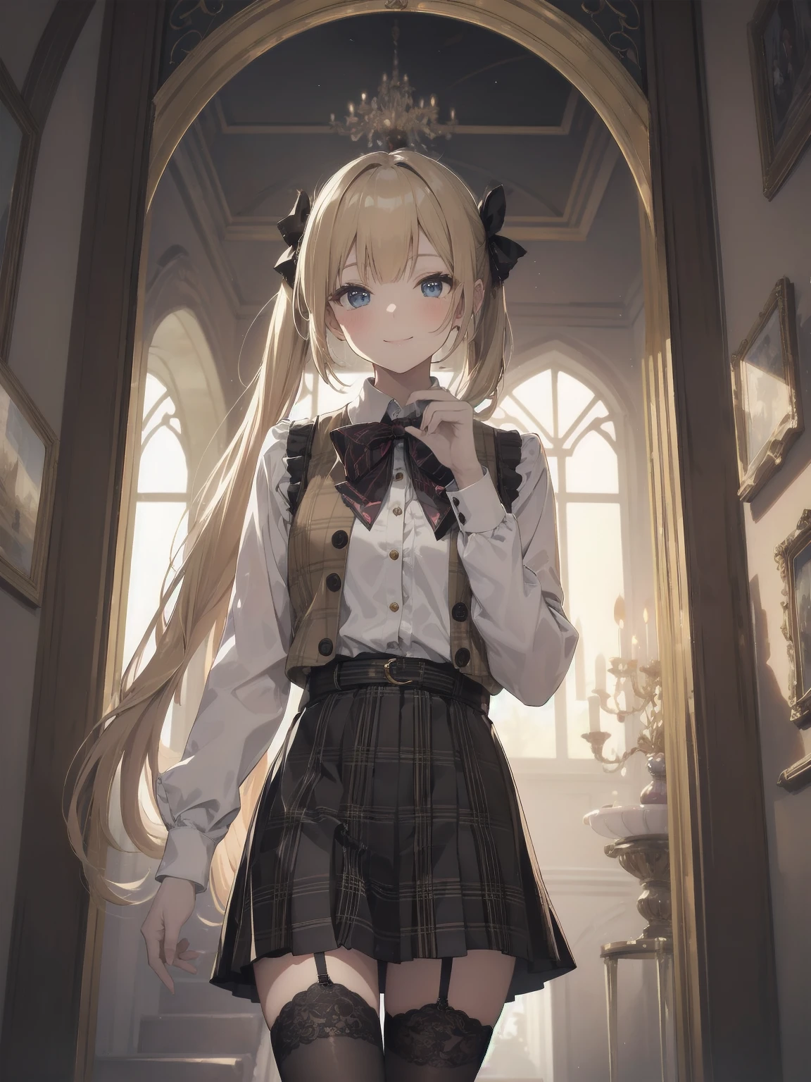 A lavish, photorealistic illustration of Soro, a charming 19th-century maiden, exudes elegance in a masterfully crafted scene. Framed by a ornate, gilded archway, she stands poised, her twintails adorned with sparkling bows, her cardigan vest and short-sleeved shirt perfectly complementing her plaid skirt. Over black legwear, her loafers add a touch of whimsy. A radiant smile spreads across her face, her eyes sparkling like diamonds in the soft, golden light. Every detail, from the intricate lace trim to the delicate folds of her garments, is meticulously rendered by a master illustrator's hand