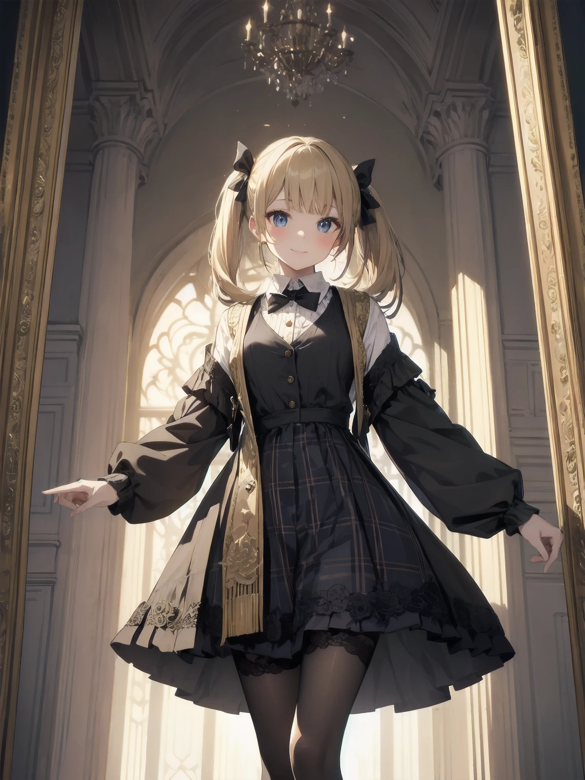 A lavish, photorealistic illustration of Soro, a charming 19th-century maiden, exudes elegance in a masterfully crafted scene. Framed by a ornate, gilded archway, she stands poised, her twintails adorned with sparkling bows, her cardigan vest and short-sleeved shirt perfectly complementing her plaid skirt. Over black legwear, her loafers add a touch of whimsy. A radiant smile spreads across her face, her eyes sparkling like diamonds in the soft, golden light. Every detail, from the intricate lace trim to the delicate folds of her garments, is meticulously rendered by a master illustrator's hand