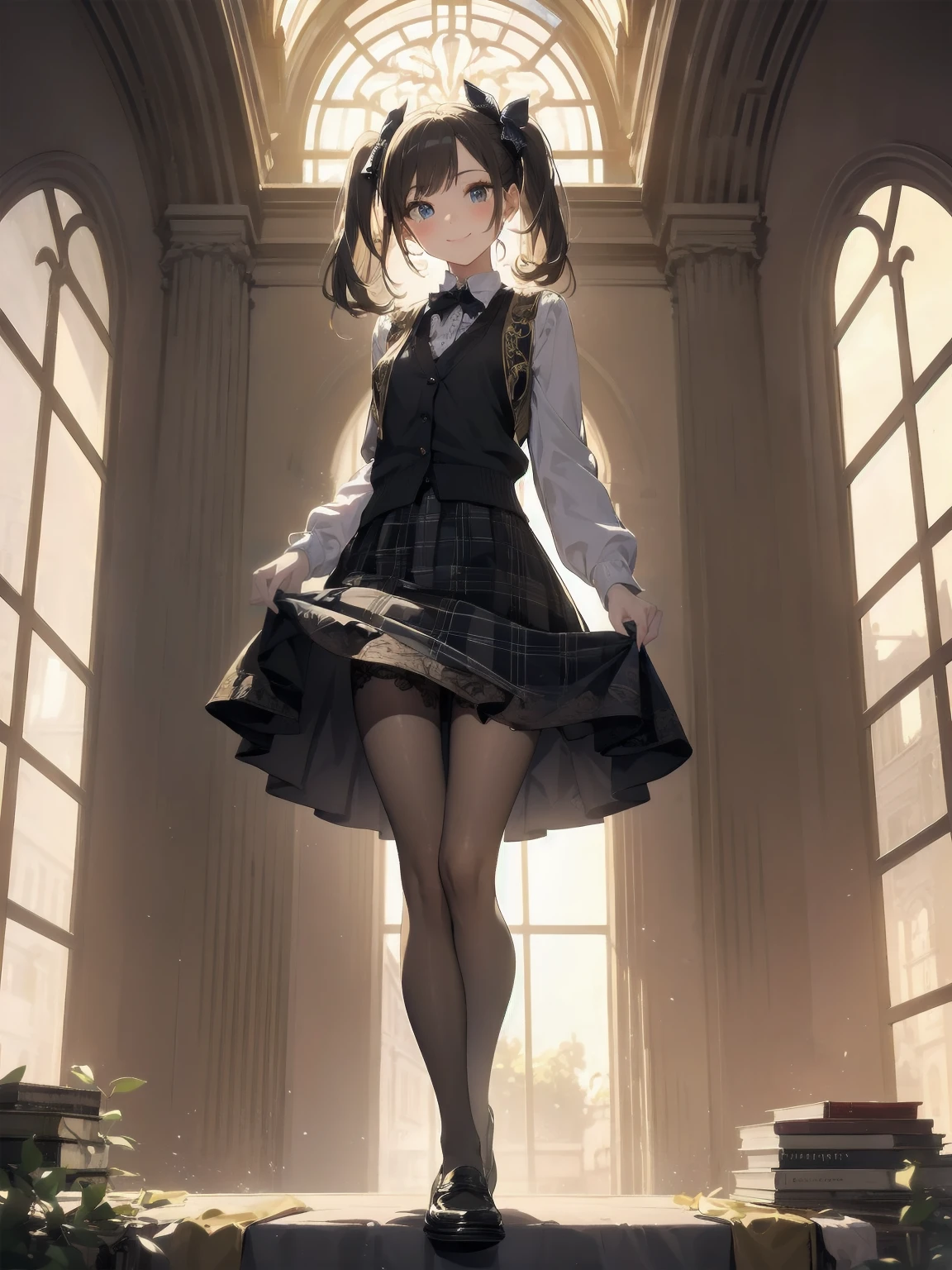 A lavish, photorealistic illustration of Soro, a charming 19th-century maiden, exudes elegance in a masterfully crafted scene. Framed by a ornate, gilded archway, she stands poised, her twintails adorned with sparkling bows, her cardigan vest and short-sleeved shirt perfectly complementing her plaid skirt. Over black legwear, her loafers add a touch of whimsy. A radiant smile spreads across her face, her eyes sparkling like diamonds in the soft, golden light. Every detail, from the intricate lace trim to the delicate folds of her garments, is meticulously rendered by a master illustrator's hand