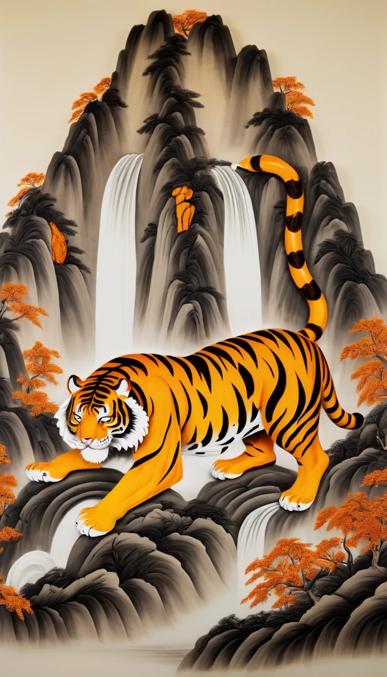 Amber carving design styles，The tiger descends the mountain, Qi Baishi and Chen Longque、Chen Dingbo&#39;s dynamic illustration pumpkin carving, Octane Rendering,(best quality, masterpiece, representative work, Official Art, professional, 8K:1.3)