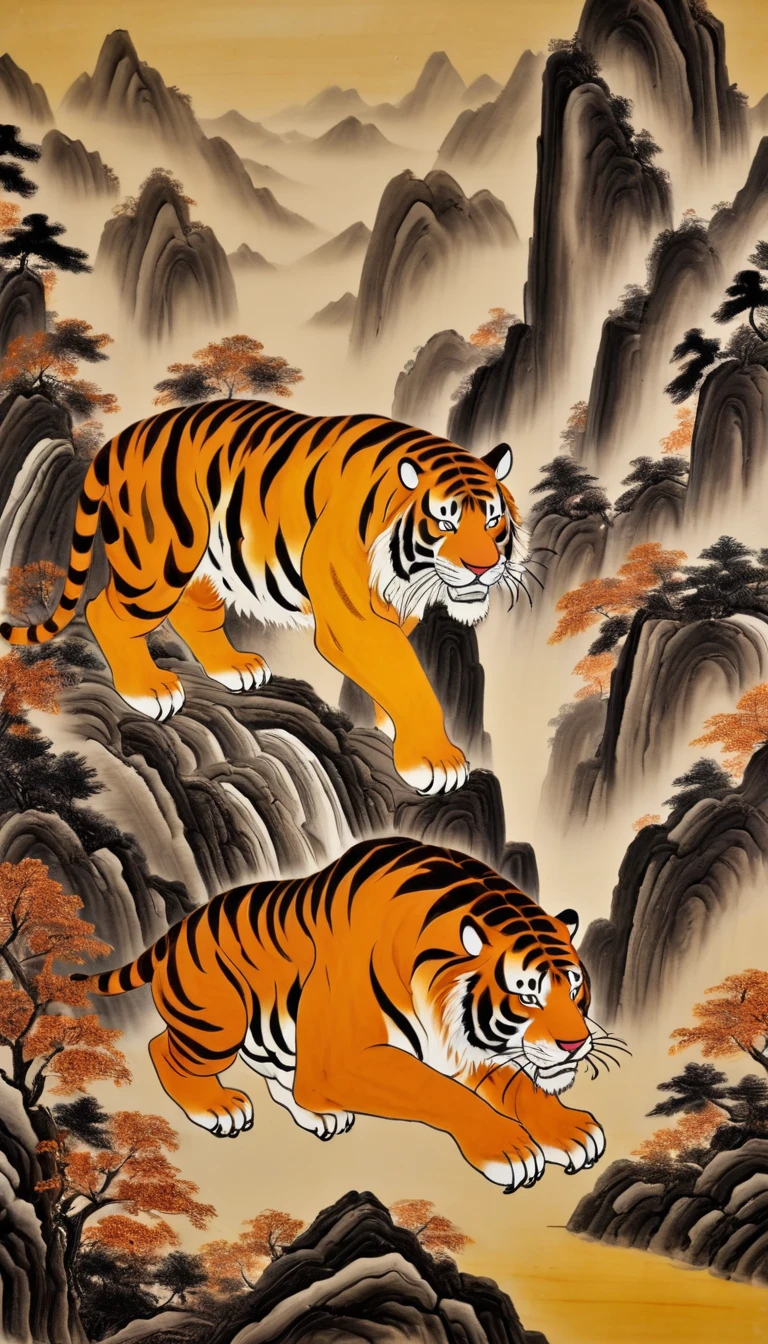 Amber carving design styles,The tiger descends the mountain, Qi Baishi and Chen Longque、Chen Dingbo's dynamic illustration pumpkin carving, Octane Rendering,(best quality, masterpiece, representative work, Official Art, professional, 8K:1.3)