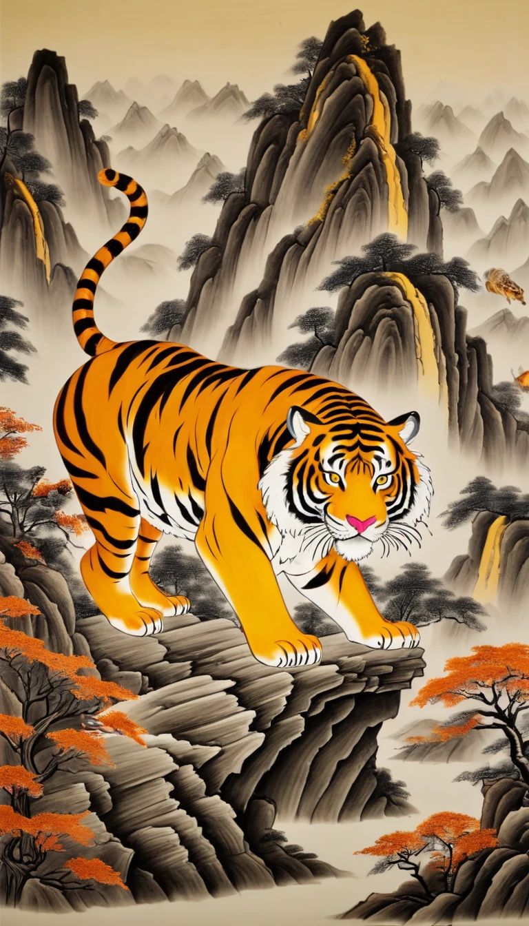 Amber carving design styles,The tiger descends the mountain, Qi Baishi and Chen Longque、Chen Dingbo's dynamic illustration pumpkin carving, Octane Rendering,(best quality, masterpiece, representative work, Official Art, professional, 8K:1.3)