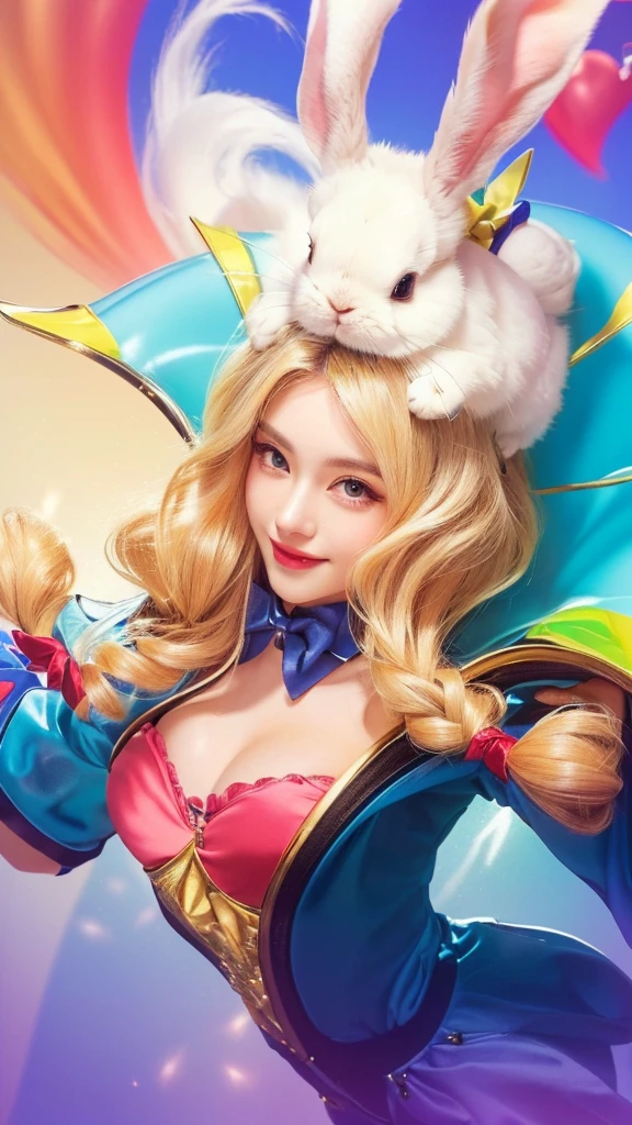 a close up of a woman with a bunny on her head, beautiful detailed eyes, beautiful detailed lips, smile, extremely detailed eyes and face, long eyelashes, blonde hair, rabbit, animal, cute, nature, portrait, photorealistic, 8k, highres, masterpiece, best quality, ultra-detailed