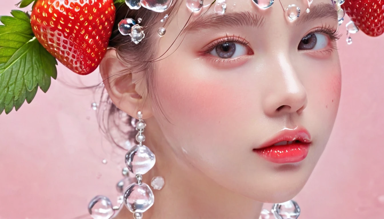 Summer Strawberry Girl,Dopamine teenage, Cool summer days,Ice cubes,The watery girl,Delicate skin,Hydration,Shiny,Shiny,dream,Front view,bust,pearl,Strawberry fruit