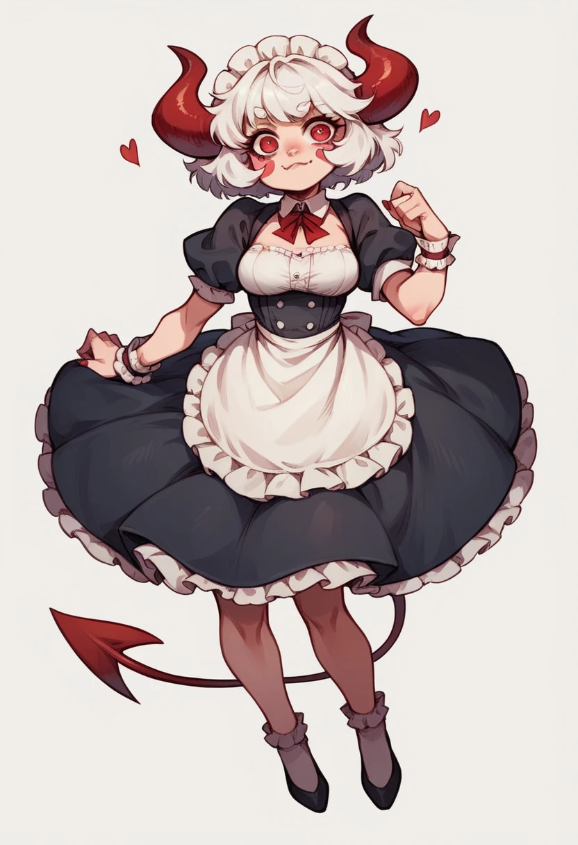 Teenage girl, devil girl, little red horns, white hair, short fluffy hair, big red eyes, pale skin, rosy cheeks, medium breasts, red cheeks, maid outfit. white background, full body