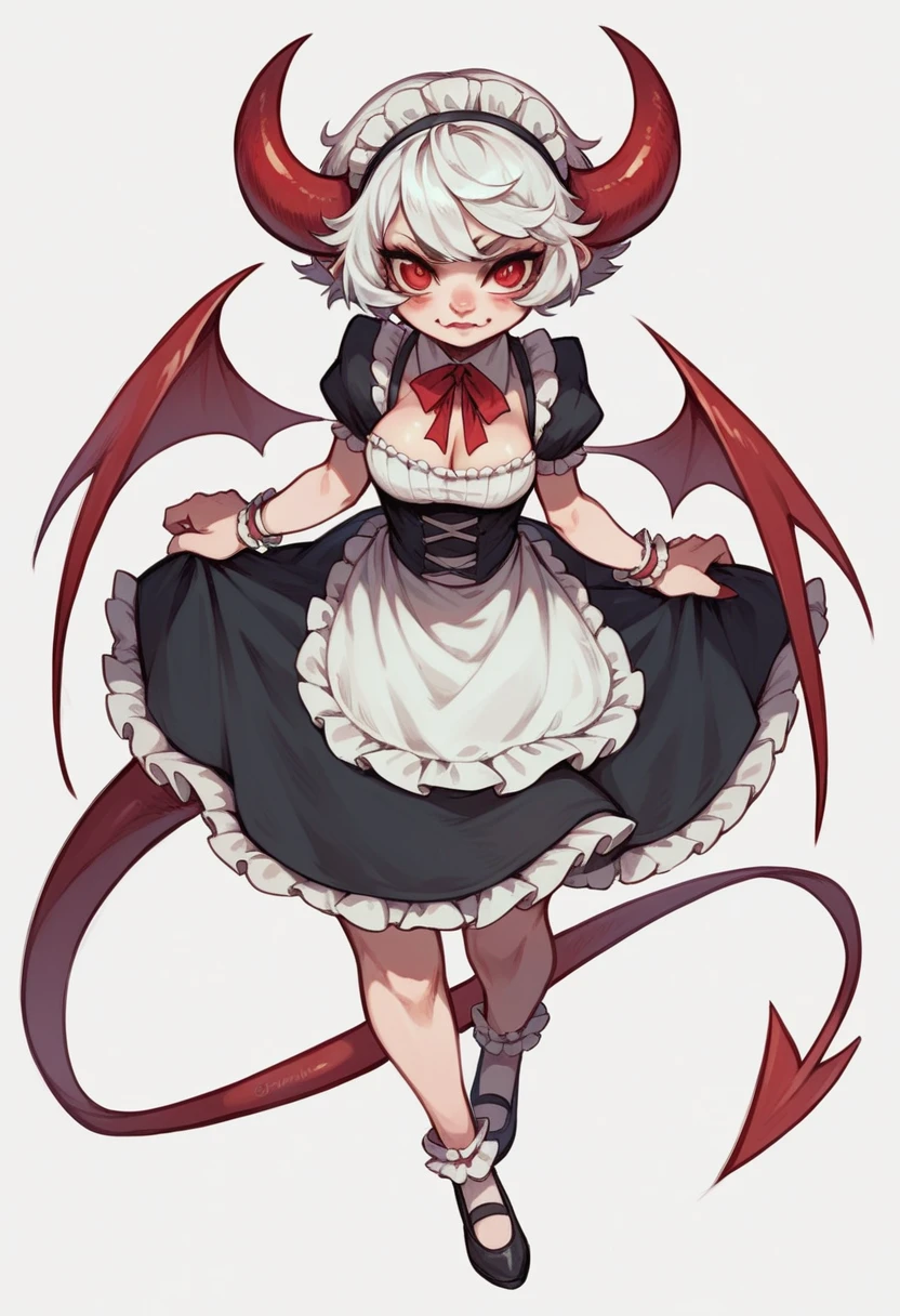 masterpiece, best quality, 1girl, solo, bangs, short hair, white hair, red eyes, ahegao, pointy ears, horns on the sides of her head, small wings, black pointy tail, small breasts, black choker, black camisole, short frilly camisole top, black skirt, short skirt, sheer thigh highs, black high heels,, , looking at viewer, cowboyshot, bedroom background