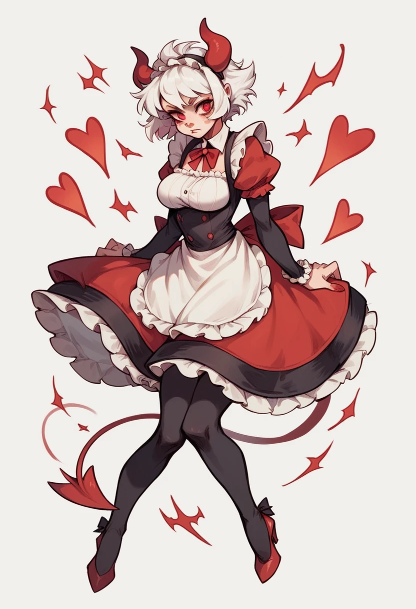 girl, devil girl, little red horns, white hair, short fluffy hair, big red eyes, pale skin, rosy cheeks, medium breasts, red cheeks, maid outfit. white background, full body