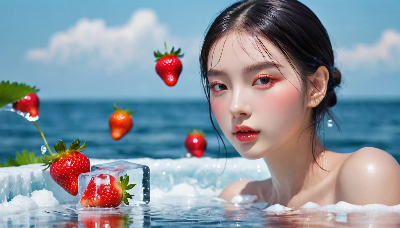 Summer Strawberry Girl，Dopamine teenage， Cool summer days，Ice cubes，The watery girl，Delicate skin，Hydration，Shiny，Shiny，dream，Front view，bust，pearl，Strawberry fruit
