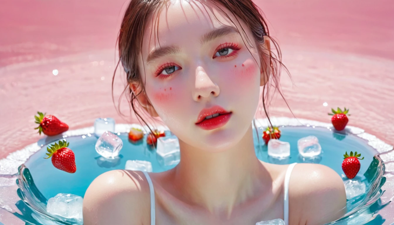 Summer Strawberry Girl,Dopamine teenage, Cool summer days,Ice cubes,The watery girl,Delicate skin,Hydration,Shiny,Shiny,dream,Front view,bust,pearl,Strawberry fruit