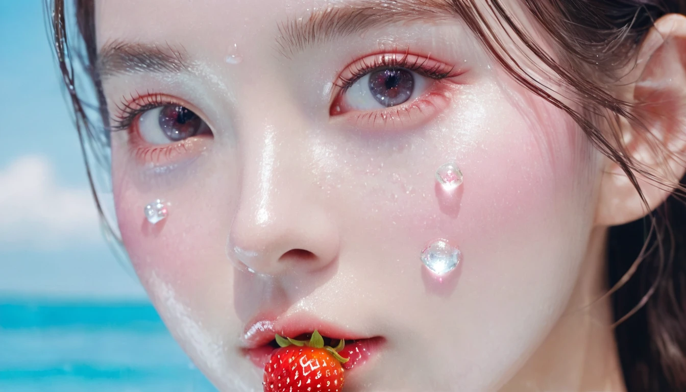 Summer Strawberry Girl，Dopamine teenage， Cool summer days，Ice cubes，The watery girl，Delicate skin，Hydration，Shiny，Shiny，dream，Front view，bust，pearl，Strawberry fruit