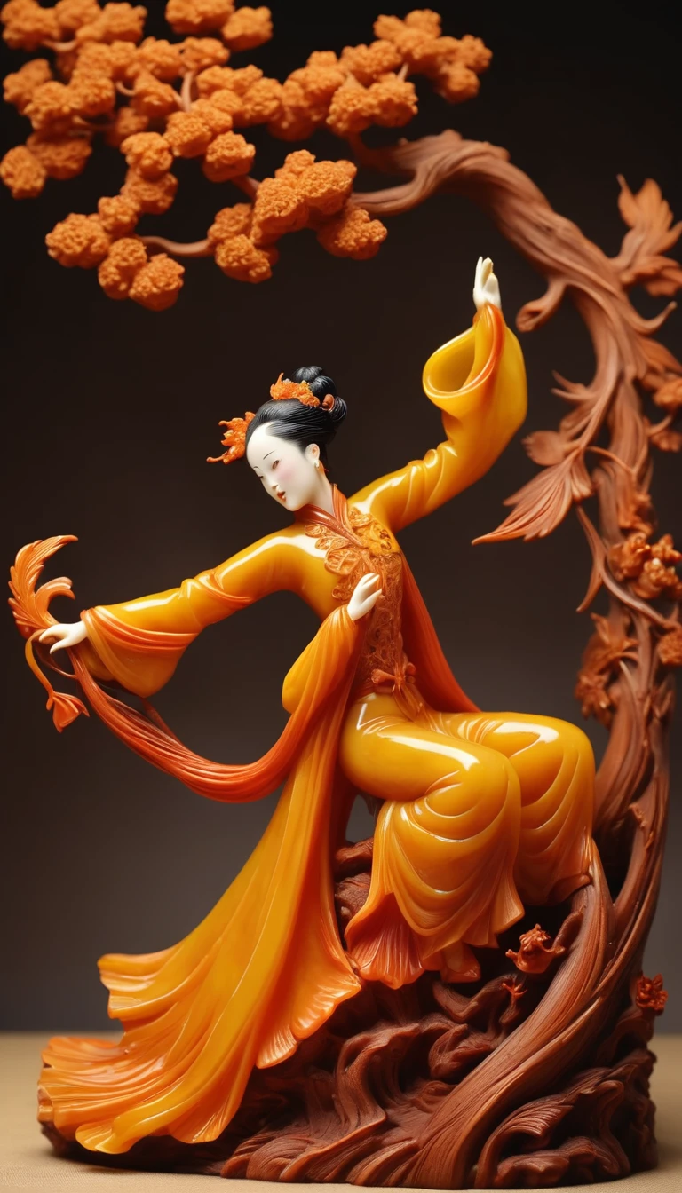 Amber carving design styles,Nine days of phoenix dance, Qi Baishi and Chen Longque、Chen Dingbo's dynamic illustration pumpkin carving, Octane Rendering,(best quality, masterpiece, representative work, Official Art, professional, 8K:1.3)