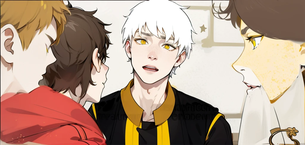 black tunic with gold collar and yellow stripes, cute 16 year old boy, yellow eyes, white hair, he is talking calmly, there are three young people on his back looking at him ,