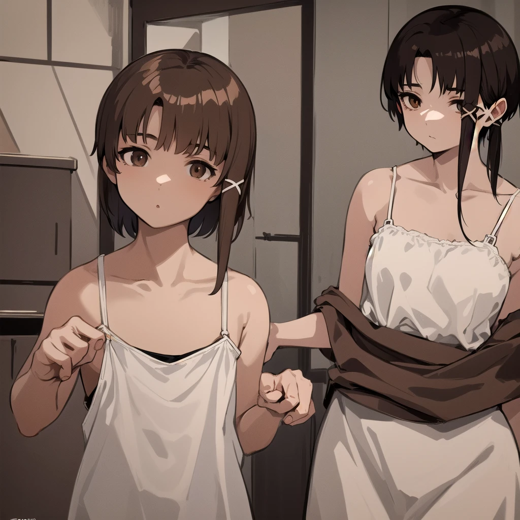 Top quality, masterpiece, high resolution, two beautiful girls, black hair long hair, forehead, brown hair shortcut, fluttering hair, preparing to take a bath, composition from diagonally below, bath shop, dressing room, half undressing, almost undressing, no panty, no bra, sheer towel