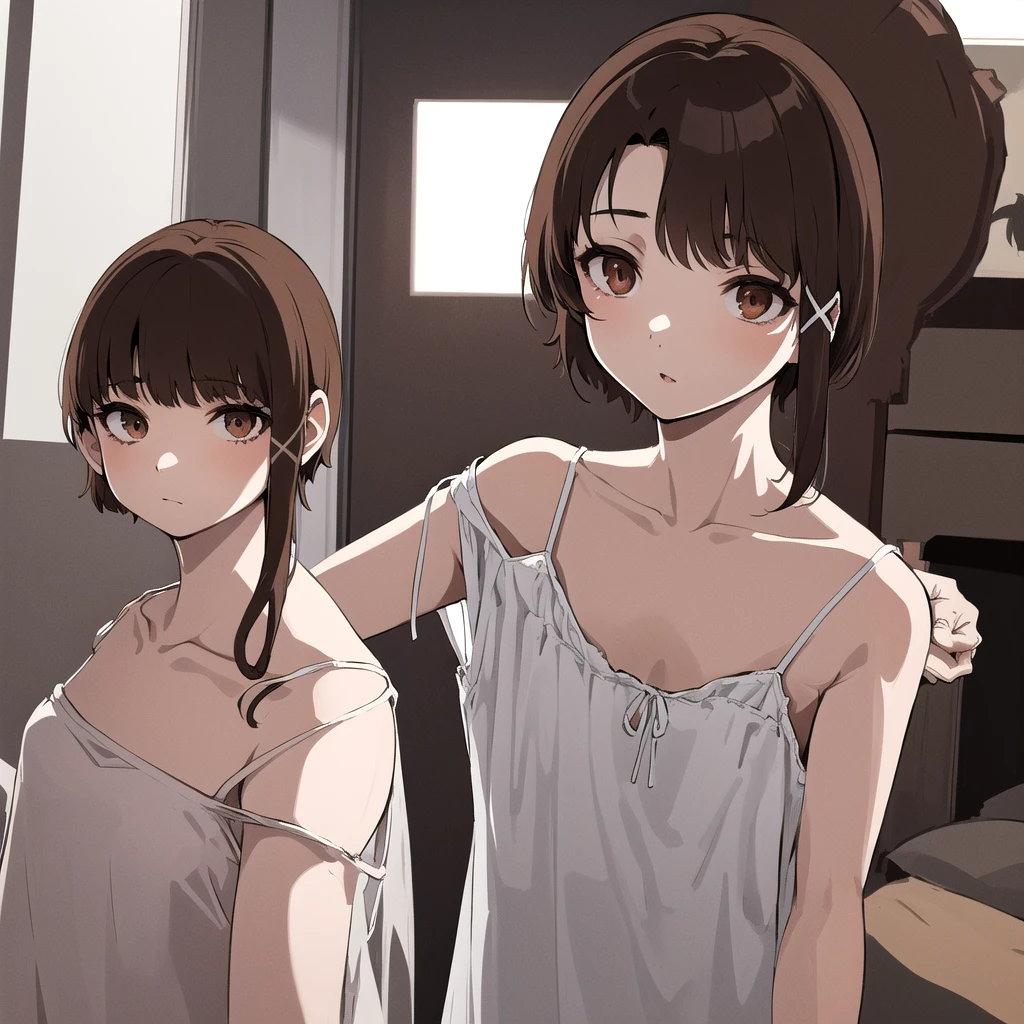 One girl, Another Iwakura, brown eyes, Kamrein, white camisole, indoors, dark room