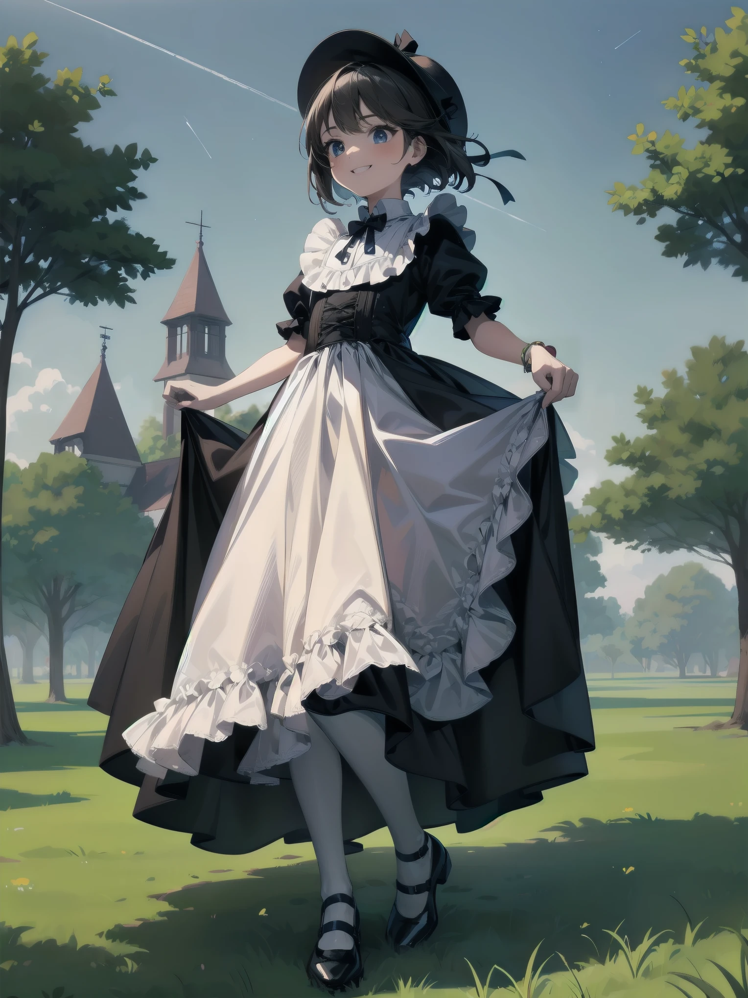 A serene outdoor scene unfolds at dusk, with a brilliant blue sky transitioning into a canvas of twinkling stars. A beautiful young girl, dressed in a stunning white and black gothic maid dress adorned with a navy blue ribbon, stands amidst lush green grass. Her companion, a delightful ddler, dons a charming maid hat with ruby accessories, complemented by black stockings and shoes. The line beams with joy, smiling brightly as they gaze up at the celestial display together