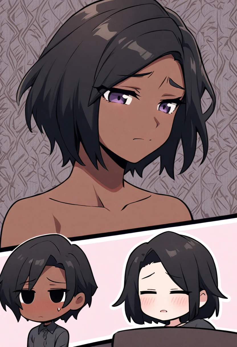 dark skin的女孩,Shy, shy,Medusa style,short hair,黑色short hair,Natural expression,one person,Comic style wallpaper,dark skin