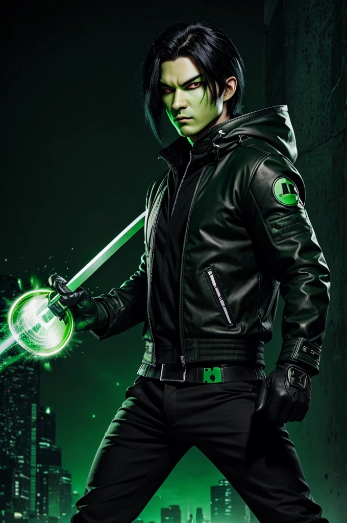 Creeper man with green and black jacket black pants black gloves with Creeper logo on the back a katana on the back black hair with green highlights a green eye a green eye and a red eye and explosive powers