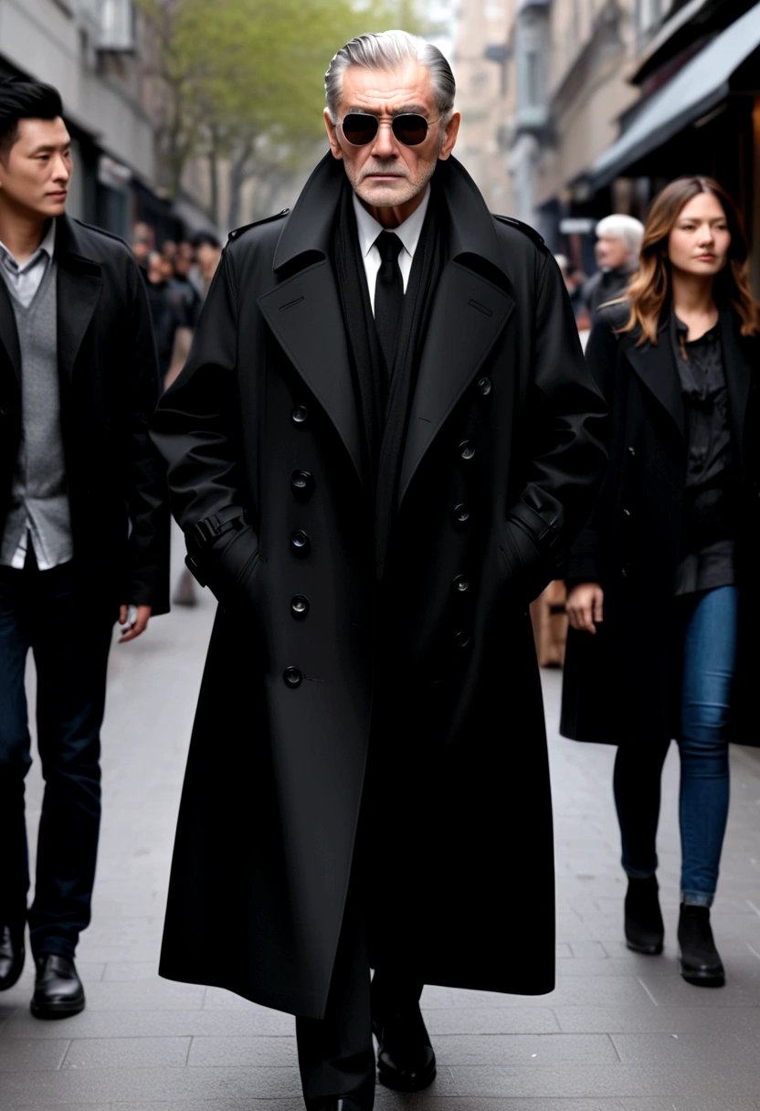 Attractive old man,Black trench coat,Simple and smooth,Stereoscopic cropping,Texture,HD,Street Fashion Show