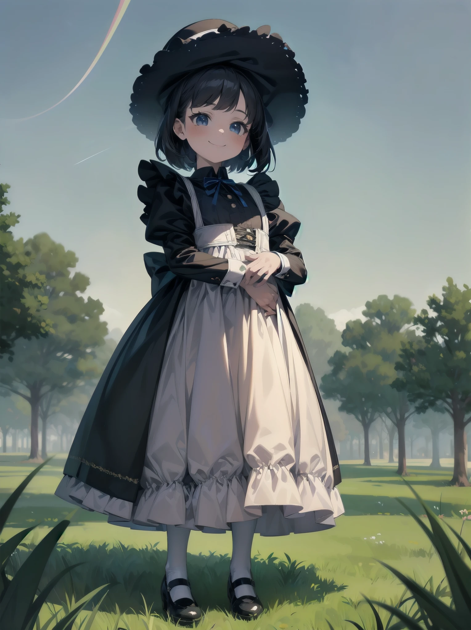 A serene outdoor scene unfolds at dusk, with a brilliant blue sky transitioning into a canvas of twinkling stars. A beautiful young girl, dressed in a stunning white and black gothic maid dress adorned with a navy blue ribbon, stands amidst lush green grass. Her companion, a delightful toddler, dons a charming maid hat with ruby accessories, complemented by black stockings and shoes. The little one beams with joy, smiling brightly as they gaze up at the celestial display together
