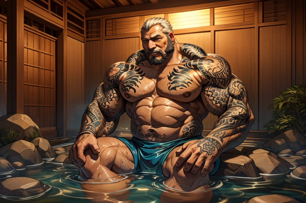 An old man soaking in an onsen, half submerged, (huge muscular), (yakuza tattoo), (full body tattoo+), detailed muscles, 8k, masterpiece:1.2, hyperrealistic, highly detailed full body, floating steam, rich colors, serene atmosphere, traditional Japanese setting, wooden hot spring, soft ambient lighting, wrinkled skin, tranquil expression, reflective water, peaceful relaxation