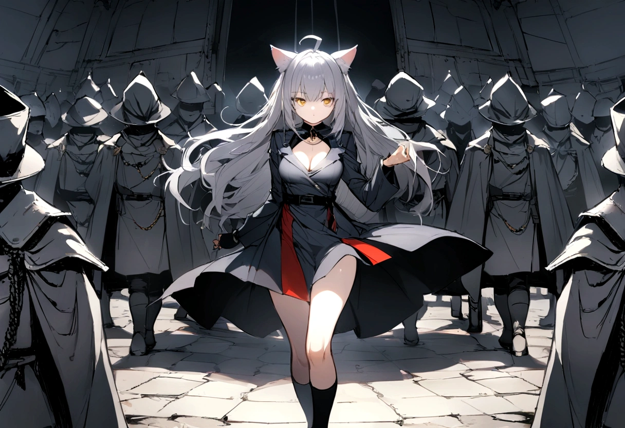 Dynamic Angles、Raising the German flag、Suspicious Gathering、Surrounded by enemieasterpiece, best quality:1.2), 1girl, 独奏、Gray cat ears、Grey long hair、Ahoge、Yellow Eyes、Gray cat ears、Background of military bases、Fisheye Lens、battlefield、Shadows of light and darkness、Expressionless、Grim face、battle、Black High Knee Socks、Cleavage、