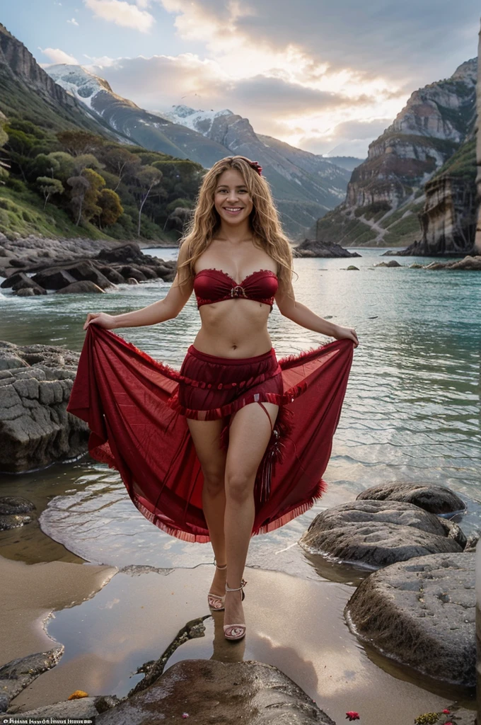 Shakira is beautiful, smiling happily, wearing a strapless dress with sparkling red feathers, revealing her belly, and a long silk skirt with slits, standing on a rocky beach with mountains in the distance