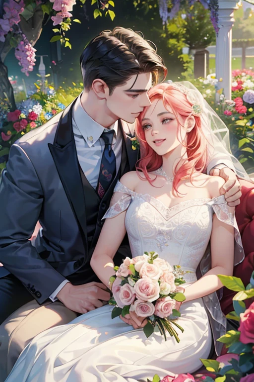 A girl in a garden, beautiful detailed eyes, beautiful detailed lips, extremely detailed eyes and face, long eyelashes, 1 girl, beautiful detailed skin, athletic build, detailed clothing, elegant pose, high-quality digital illustration, (best quality,4k,8k,highres,masterpiece:1.2),ultra-detailed,(realistic,photorealistic,photo-realistic:1.37), portraits, vibrant colors, soft lighting, glowing skin, intricate details, lush foliage, colorful flowers, romantic setting, Two handsome men in suits, muscular, solid shoulder width, boyish hairstyle, English gentleman style, 28-year-old man with bright smile:1.2, white teeth showing smile, embarrassing, shy smile:1.1, garden full of light, squirting, resort sofa, colorful flowers, innocent smile, smile, couple kissing, kiss, the kiss, romance, mermaid line wedding dress, rose bouquet