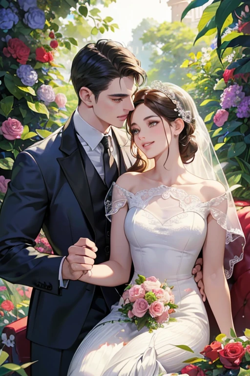 A girl in a garden, beautiful detailed eyes, beautiful detailed lips, extremely detailed eyes and face, long eyelashes, 1 girl, beautiful detailed skin, athletic build, detailed clothing, elegant pose, high-quality digital illustration, (best quality,4k,8k,highres,masterpiece:1.2),ultra-detailed,(realistic,photorealistic,photo-realistic:1.37), portraits, vibrant colors, soft lighting, glowing skin, intricate details, lush foliage, colorful flowers, romantic setting, Two handsome men in suits, muscular, solid shoulder width, boyish hairstyle, English gentleman style, 28-year-old man with bright smile:1.2, white teeth showing smile, embarrassing, shy smile:1.1, garden full of light, squirting, resort sofa, colorful flowers, innocent smile, smile, couple kissing, kiss, the kiss, romance, mermaid line wedding dress, rose bouquet
