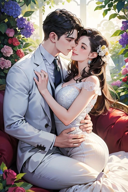 A girl in a garden, beautiful detailed eyes, beautiful detailed lips, extremely detailed eyes and face, long eyelashes, 1 girl, beautiful detailed skin, athletic build, detailed clothing, elegant pose, high-quality digital illustration, (best quality,4k,8k,highres,masterpiece:1.2),ultra-detailed,(realistic,photorealistic,photo-realistic:1.37), portraits, vibrant colors, soft lighting, glowing skin, intricate details, lush foliage, colorful flowers, romantic setting, Two handsome men in suits, muscular, solid shoulder width, boyish hairstyle, English gentleman style, 28-year-old man with bright smile:1.2, white teeth showing smile, embarrassing, shy smile:1.1, garden full of light, squirting, resort sofa, colorful flowers, innocent smile, smile, couple kissing, kiss, the kiss, romance, mermaid line wedding dress, rose bouquet