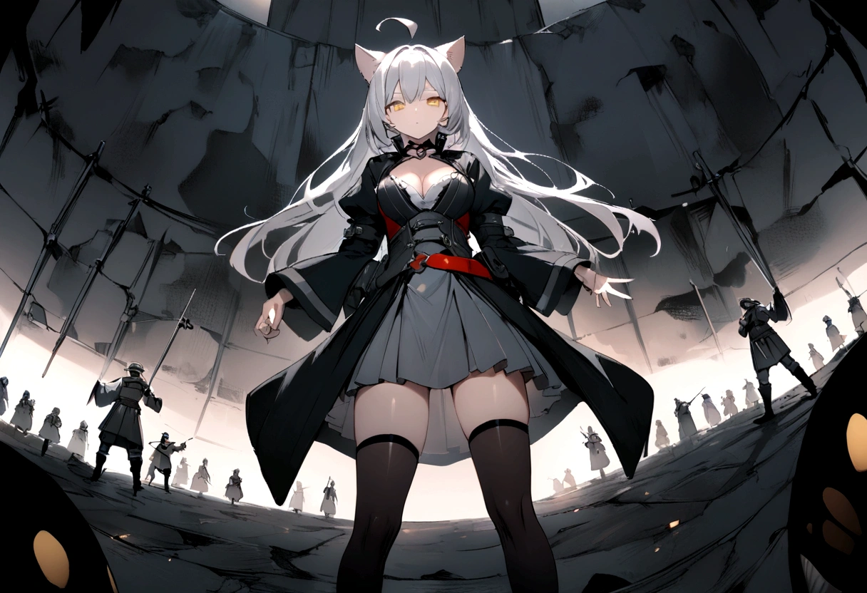 Dynamic Angles、Raising the German flag、Suspicious Gathering、Surrounded by enemies、(masterpiece, best quality:1.2), 1girl, 独奏、Gray cat ears、Grey long hair、Ahoge、Yellow Eyes、Gray cat ears、Background of military bases、Fisheye Lens、battlefield、Shadows of light and darkness、Expressionless、Grim face、battle、Black High Knee Socks、Cleavage、