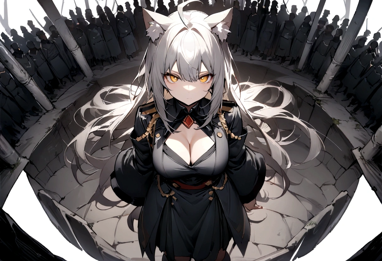 Dynamic Angles、Raising the German flag、Suspicious Gathering、Surrounded by enemies、(masterpiece, best quality:1.2), 1girl, 独奏、Gray cat ears、Grey long hair、Ahoge、Yellow Eyes、Gray cat ears、Background of military bases、Fisheye Lens、battlefield、Shadows of light and darkness、Expressionless、Grim face、battle、Black High Knee Socks、Cleavage、