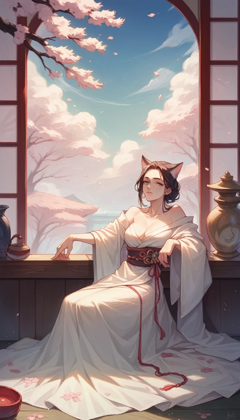 Realistic painting of an elegant white Persian cat with Gojo's distinctive eyes, lounging on a windowsill at Jujutsu High, with cherry blossoms falling in the background