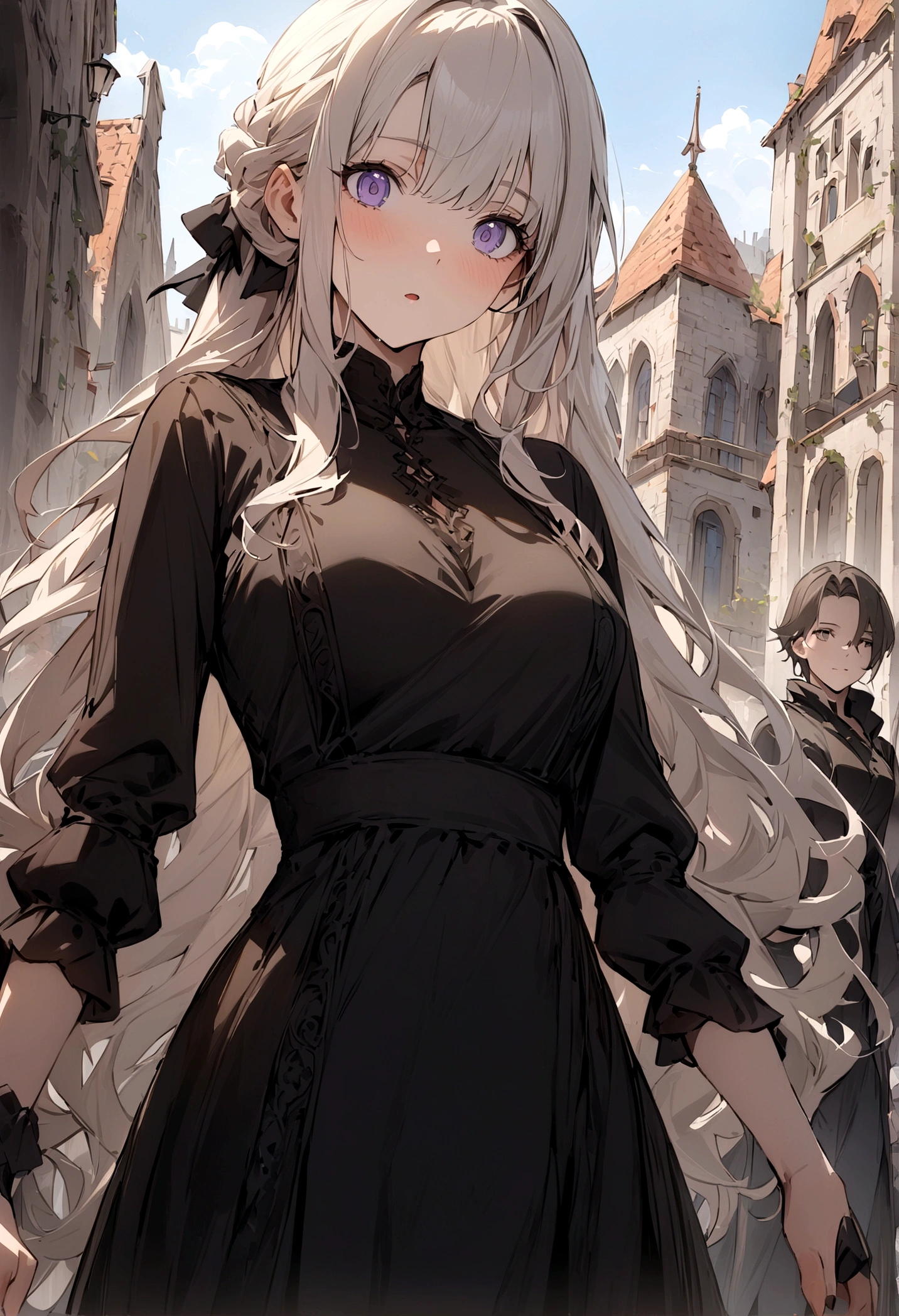 (masterpiece:1.4), (Best quality:1.4), (high resolution:1.4), , Anna's Arendelle, , surprise, Long hair, , Looking at the audience,, black tunic,outdoor,