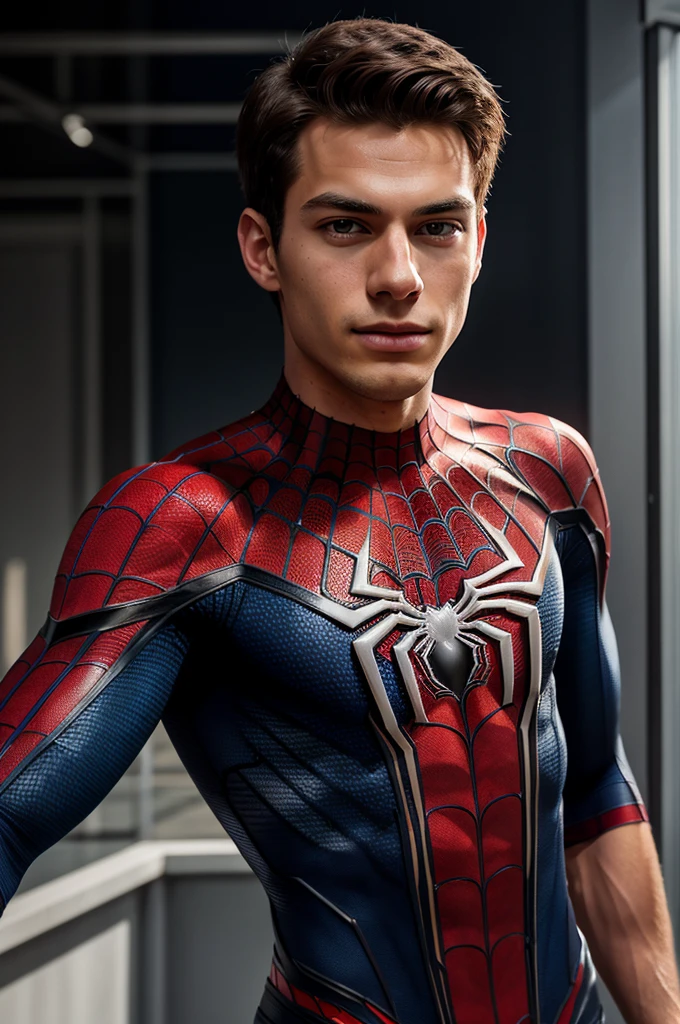 A photograph of spider man, no mask, 20 yo, handsome, detailed face, looking at camera, portrait, 8k uhd, high quality