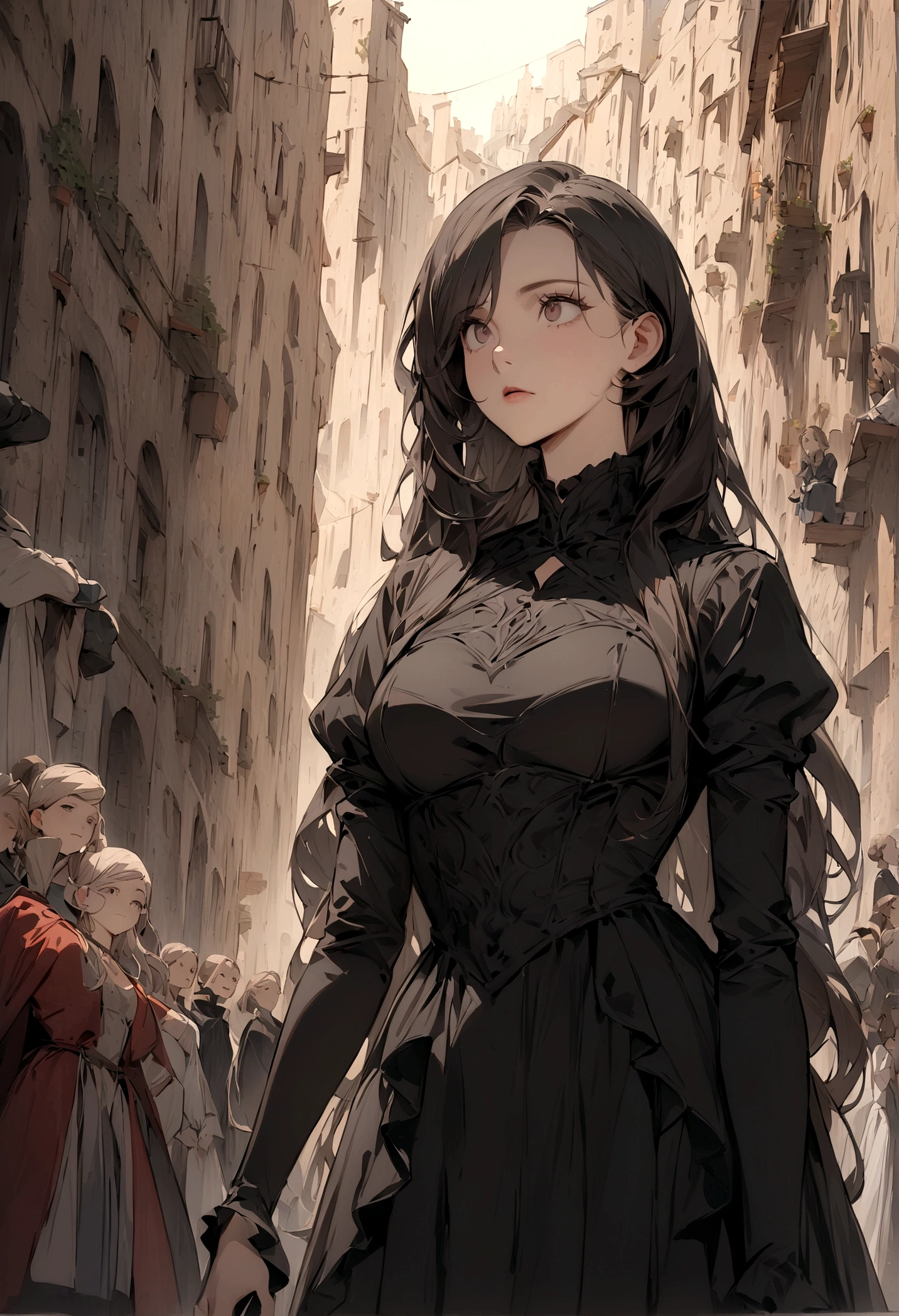 (masterpiece:1.4), (Best quality:1.4), (high resolution:1.4), , Anna's Arendelle, , surprise, Long hair, , Looking at the audience,, black tunic,outdoor,
