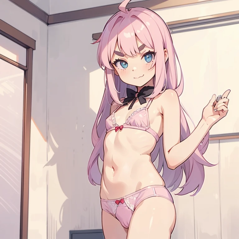 Girl with pink hair, long double-tailed hairstyle, ((small pink bushy eyebrows)), dressed in ta clothes, marked vagina, loli(Zankuro) drawing style by zankuro artist, ザンクロー style, image uploaded to R34, looking to the camera with a flirtatious face, modeling underwear in his room, male pov