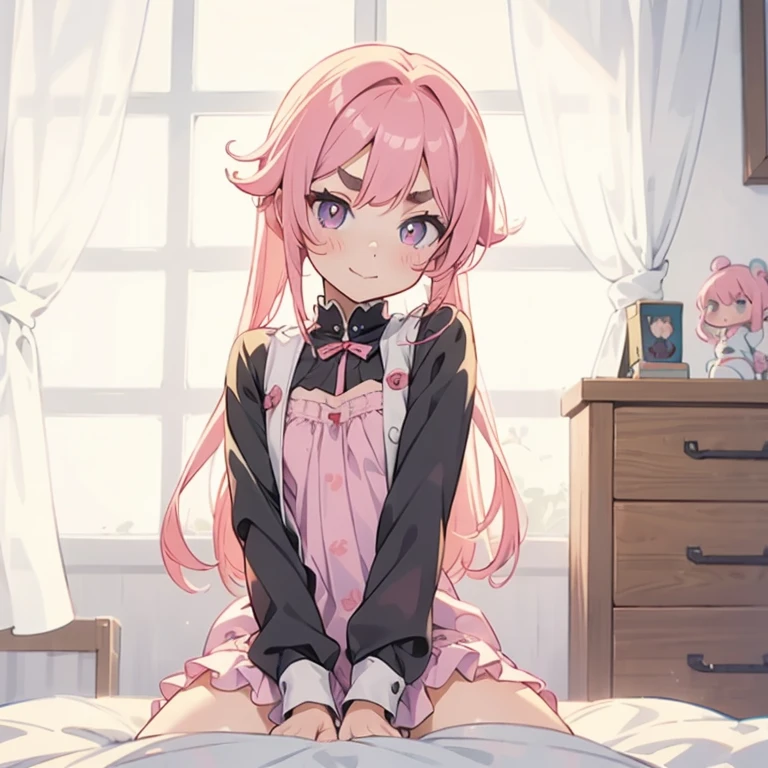 Girl with pink hair, long double-tailed hairstyle, ((small pink bushy eyebrows)), dressed in lolita clothes, marked vagina, lolicon (Zankuro) drawing style by zankuro artist, ザンクロー style, image uploaded to R34, looking to the camera with a flirtatious face, modeling underwear in his room, male pov