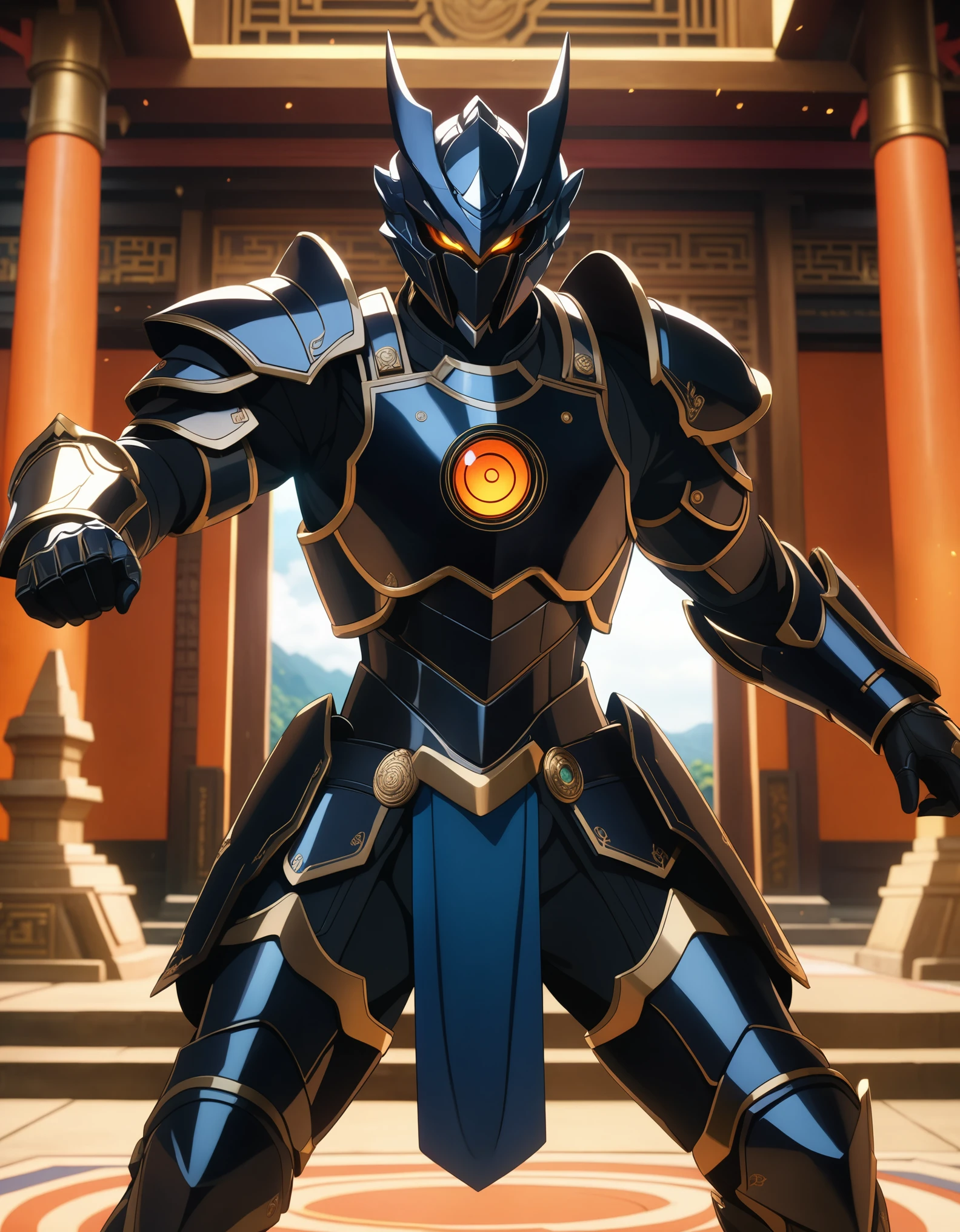 An epic closeup of the dark fighter, looking at the viewer, (alone), light full body armor, (The armor covers the entire body), negro, golden edges, Dragon Eye Inlaid Armor, combat pose, full body shot, in a temple in the background, anime screencap, Masterpiece, The best quality, high detail, high resolution, UHD, 4k, 8k