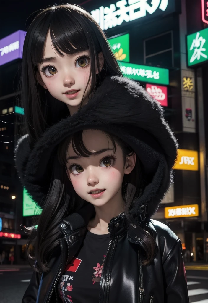 masterpiece, best quality, half body, portrait, night city, 1girl, anime, 3D, Japan, pixar, realistic,  girl, smiling, cute face, harajuku fashion style, rain coat, beautiful, colourful, neon lights, cyberpunk, smooth skin, illustration, artstation, painting by stanley artgerm lau, sideways glance, foreshortening, extremely detailed 8K, smooth, high resolution, ultra quality, highly detail eyes, highly detail mouth, highly detailed face, perfect eyes, both eyes are the same, true light, glare, Iridescent, Global illumination, long straight hair movement, Big Breasts:1.7, real light, real shadow, real face, hd, 2k, 4k, 8k, 16k, realistic light, realistic shadow, bright Eyes, fluorescent eyes, soft light, dream light