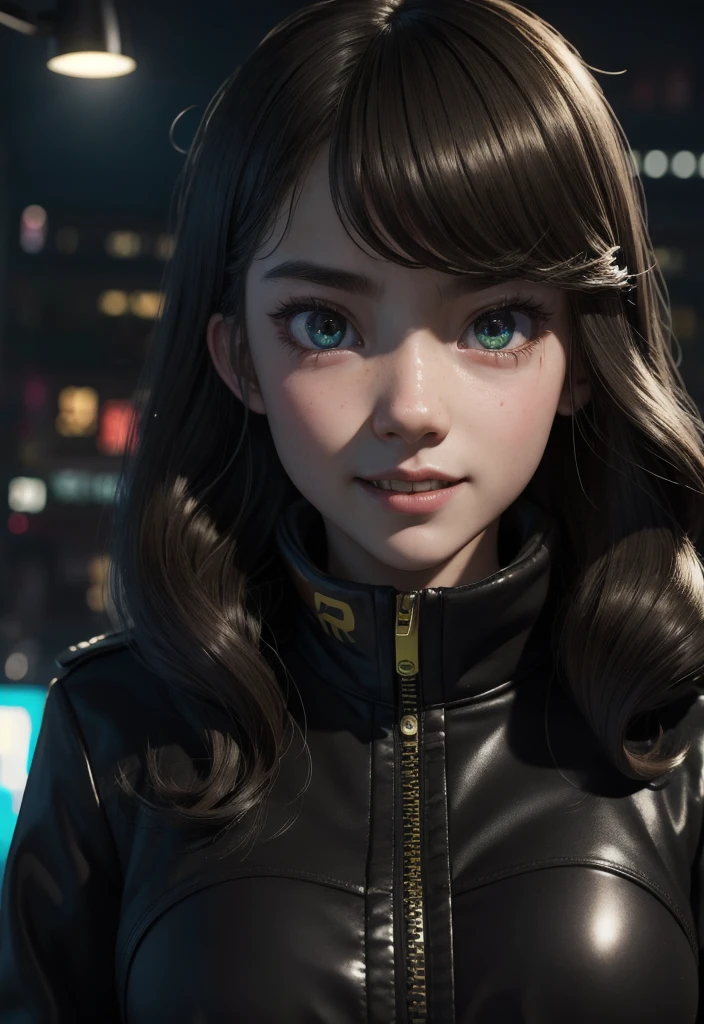 masterpiece, best quality, half body, portrait, night city, 1girl, anime, 3D, Japan, pixar, realistic,  girl, smiling, cute face, harajuku fashion style, rain coat, beautiful, colourful, neon lights, cyberpunk, smooth skin, illustration, artstation, painting by stanley artgerm lau, sideways glance, foreshortening, extremely detailed 8K, smooth, high resolution, ultra quality, highly detail eyes, highly detail mouth, highly detailed face, perfect eyes, both eyes are the same, true light, glare, Iridescent, Global illumination, long straight hair movement, Big Breasts:1.7, real light, real shadow, real face, hd, 2k, 4k, 8k, 16k, realistic light, realistic shadow, bright Eyes, fluorescent eyes, soft light, dream light