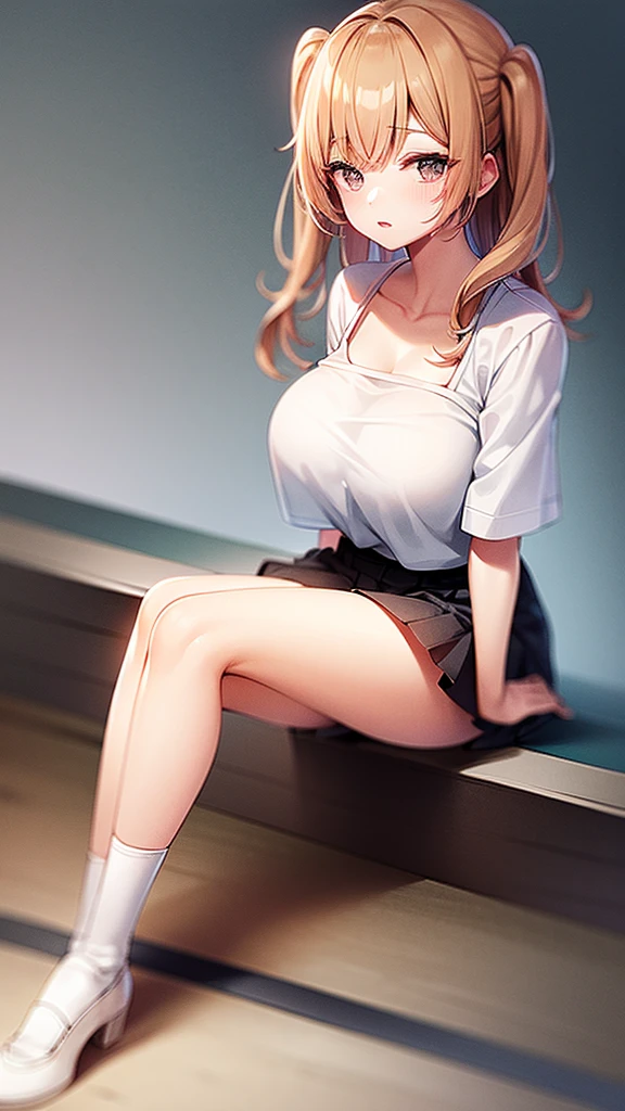 high school girl、Big Breasts、sitting、Panty shot、White Pants