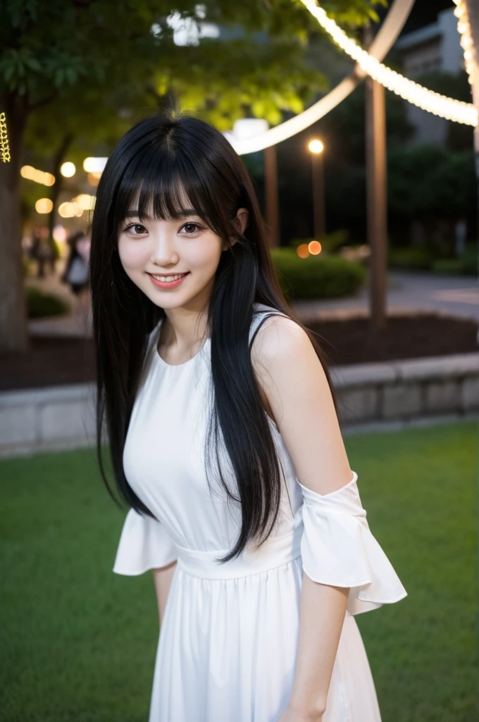 A Japanese girl in her twenties、With bangs,Black long hair,Night Park,white dress,Smiling