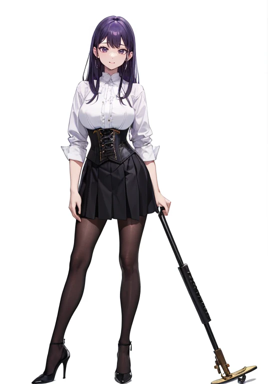Purple Hair,Super long hair with volume,Adult female,White Y-shirt,((Rolling up his sleeves)),(corset),(Black skirt),(skirt),(High heels),((Simple white background)),((full body)),