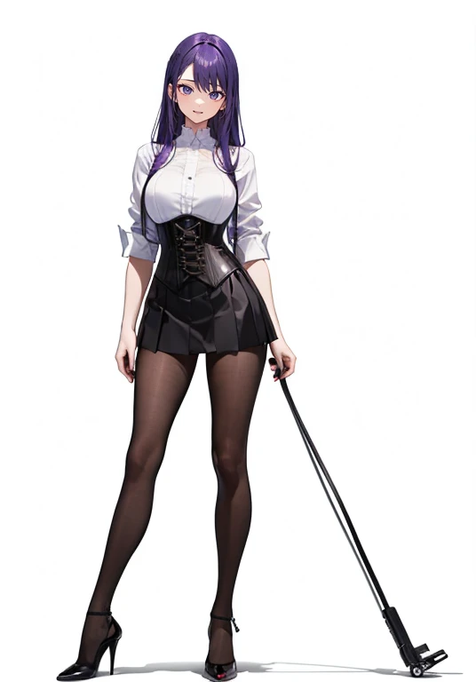 Purple Hair,Super long hair with volume,Adult female,White Y-shirt,((Rolling up his sleeves)),(corset),(Black skirt),(skirt),(High heels),((Simple white background)),((full body)),