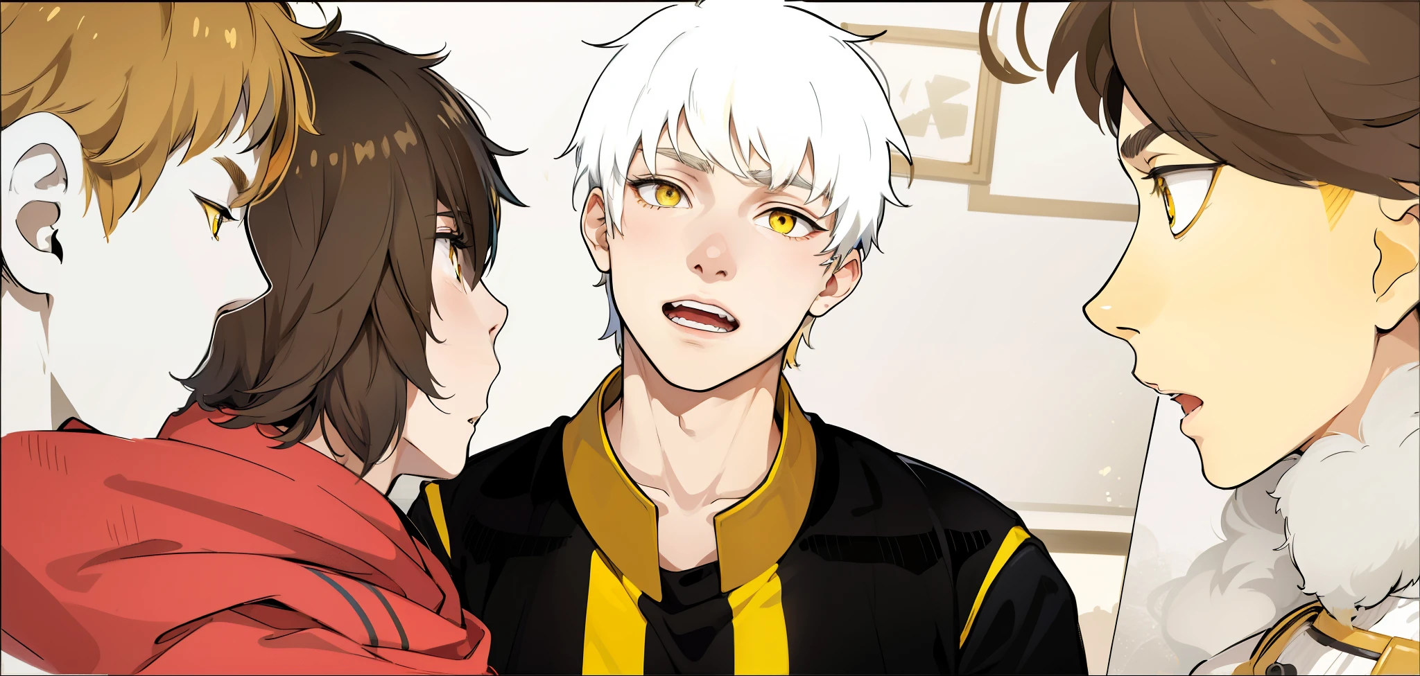 black tunic with gold collar and yellow stripes, cute  boy, yellow eyes, white hair, he is talking calmly, there are three young people on his back looking at him ,