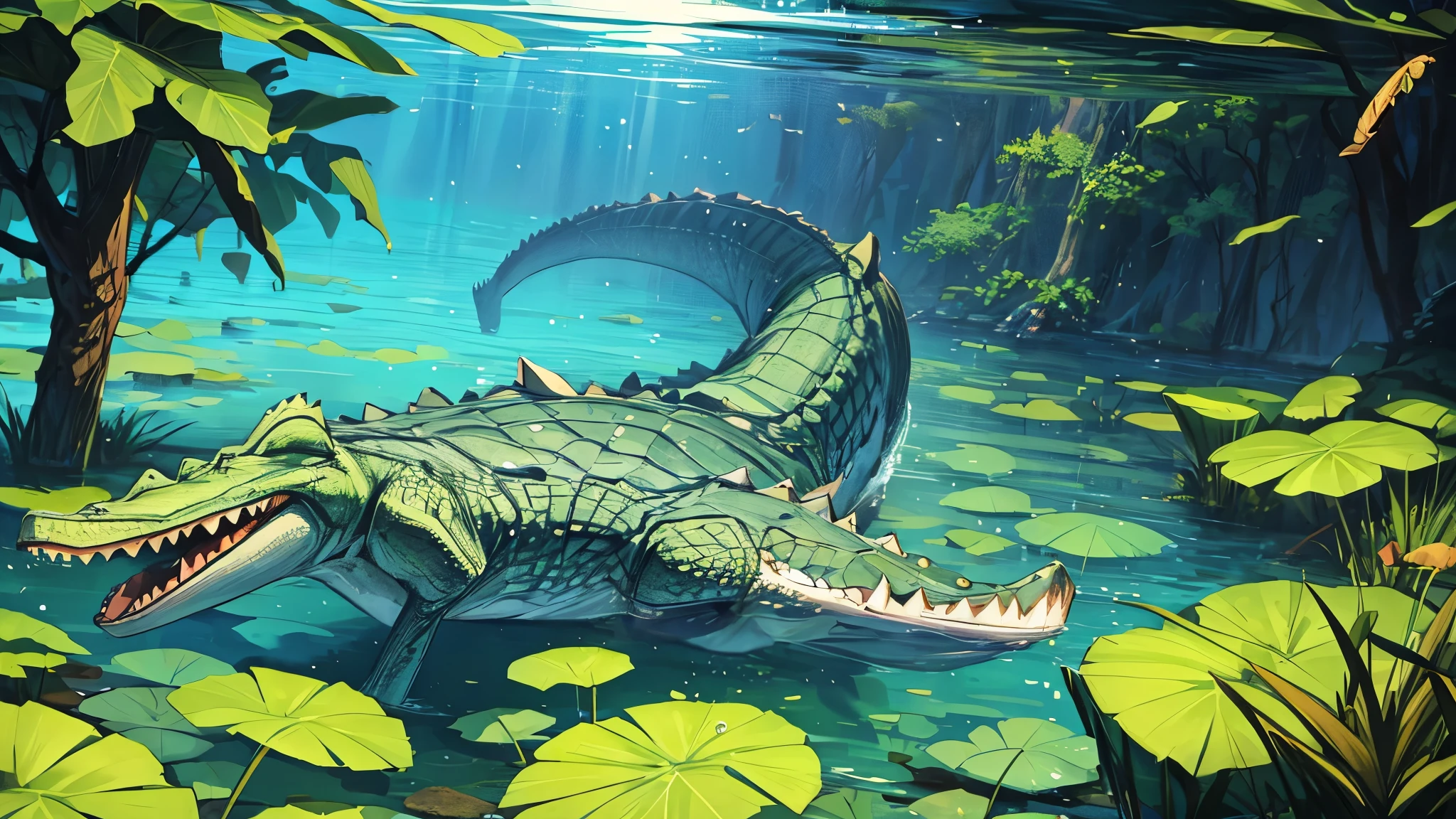 A picture of a crocodile hiding in the water with only its eyes visible