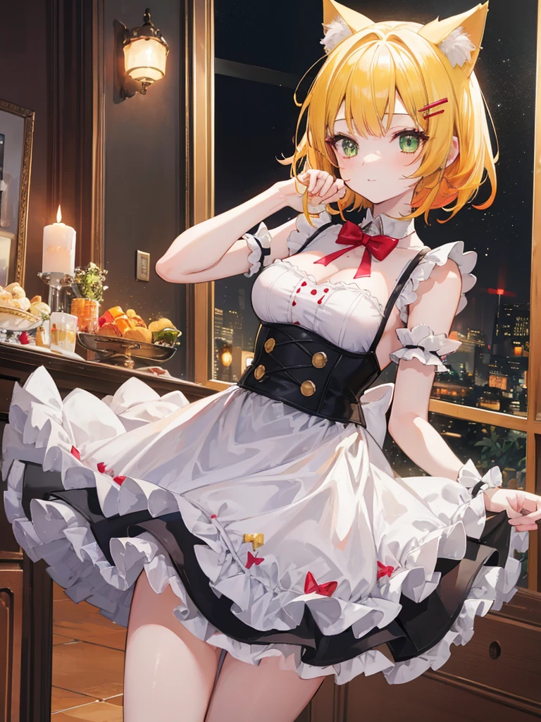 1girl, loli, maid outfit, short golden yellow hair, hair clip:red, emerald green eyes, cat ears, neko mimi, cute sweet smile, extremely detailed anime style, best quality, 4k, 8k, highres, masterpiece:1.2, ultra-detailed, HDR, UHD, studio lighting, ultra-fine painting, sharp focus, physically-based rendering, extreme detail description, professional, vivid colors, bokeh, inside bar,