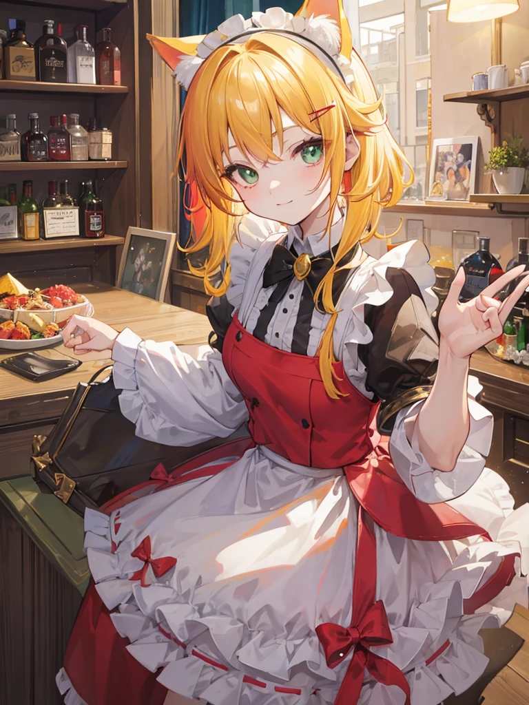 1girl, li, maid outfit, short golden yellow hair, hair clip:red, emerald green eyes, cat ears, neko mimi, cute sweet smile, extremely detailed anime style, best quality, 4k, 8k, highres, masterpiece:1.2, ultra-detailed, HDR, UHD, studio lighting, ultra-fine painting, sharp focus, physically-based rendering, extreme detail description, professional, vivid colors, bokeh, inside bar,
