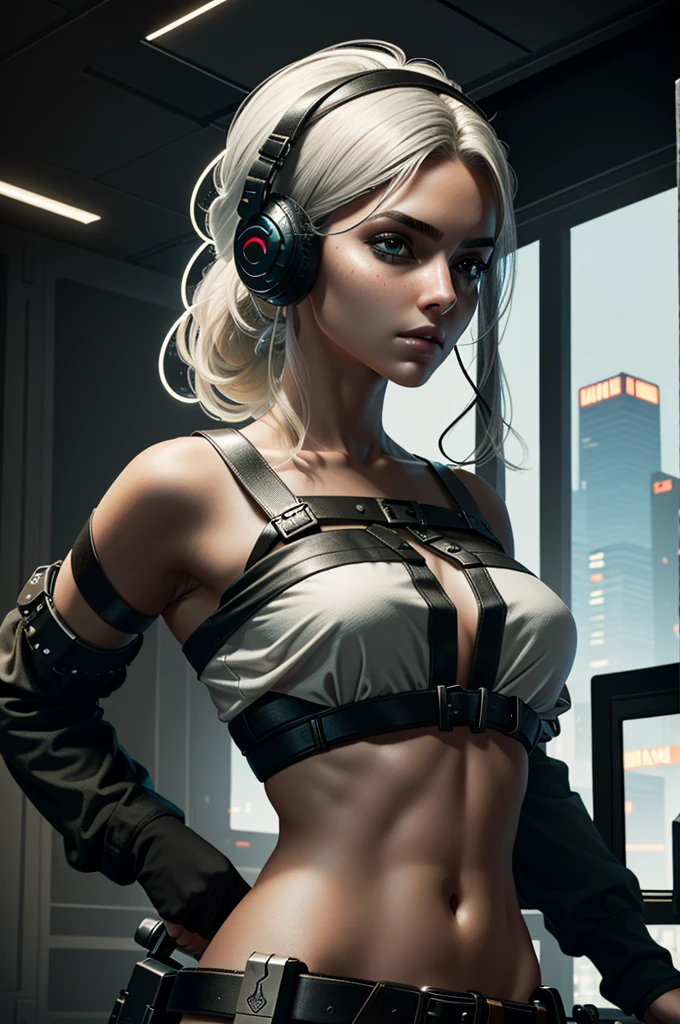 (masterpiece, best quality:1.2)
CiriWitcher, 1girl, upper body, as a cyberpunk hacker, surrounded by hacking tools, computer, white crop top, headset, futuristic
