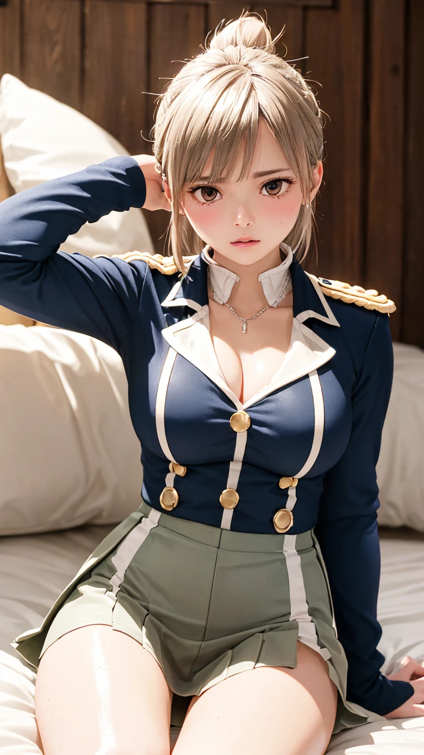 (masterpiece: 1.3), (Maximum resolution: 1.2), (Ultra HD TV: 1.2), Cinematic Light, 8K resolution, Detailed facial features , (Sharp focus: 1.2),Perfect Style, Beautiful Face, Acura, Anatomically correct, Highly detailed face and skin quality感, Beautiful Eyes,ThroughkBright Eyes, Natural Cheeks, Glowing Skin, (Glossy Lips: 1.4),、 (A shameful expression: 1.2),Highly detailed face and skin quality, Natural Cheeks, , Glossy Lips,Exposed cleavage、(White mucus on chest:1.6)(White mucus on thighs:1.6)、 blush、、Exposed shorts、Wet underwear、shame、Please open your knees、tears、sorrow、Spread your legs、、Sparkly little earrings and necklace、Disheveled clothes、stockings、Drenched in sweat、stockings 、Long Hair、32 years old, Clean woman,1 person、 first class cabin、On the bed(On my back, Lying down in bed, Lying down in bedいる, Lying down, White sheets:1.3)、blonde、Blonde、Blue-gray eyes、Green-gray eyes,(Miniskirt military uniform:1.4)、scarf、dissatisfaction、Masturbate、Beautiful nipples exposed、Soft Breasts、Healthy legs、Bare thighs、lean on the sofa with your knees raised